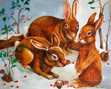 動物 Painting - 雪の中のウサギ